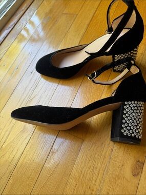 J. Crew Black Suede Block Heels with Studded Rhinestone Heel